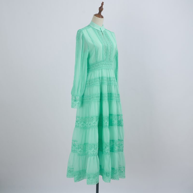 Stitching Lace Long Dress - Hollow Button & Large Swing - Image 2