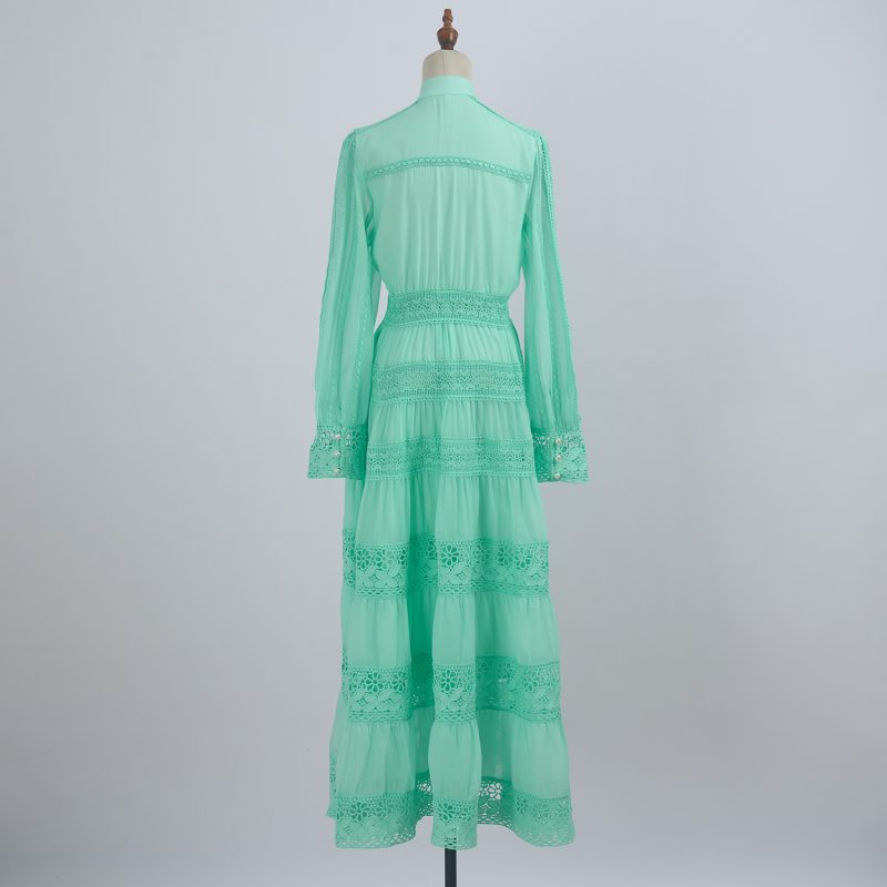 Stitching Lace Long Dress - Hollow Button & Large Swing - Image 3