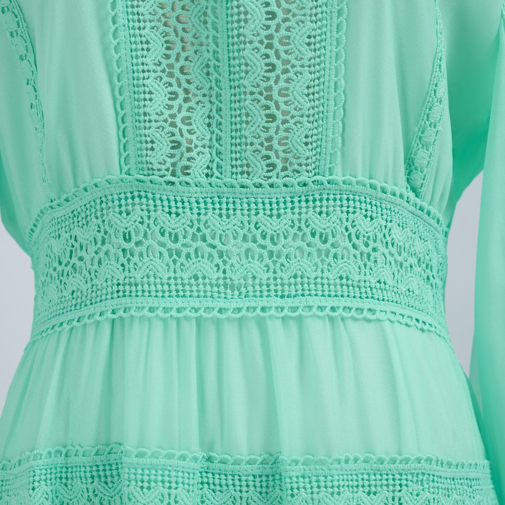 Stitching Lace Long Dress - Hollow Button & Large Swing - Image 5