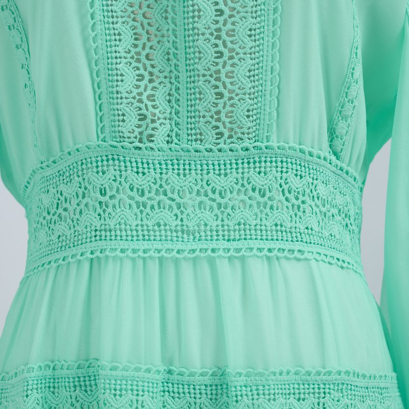 Stitching Lace Long Dress - Hollow Button & Large Swing - Image 5