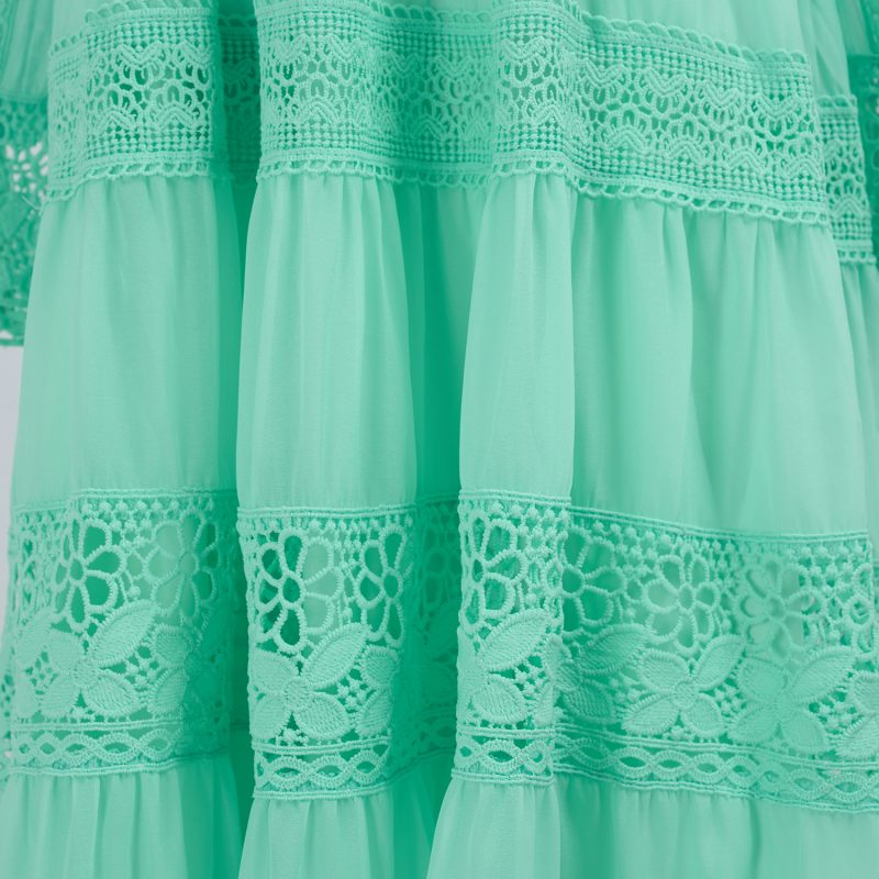 Stitching Lace Long Dress - Hollow Button & Large Swing - Image 6