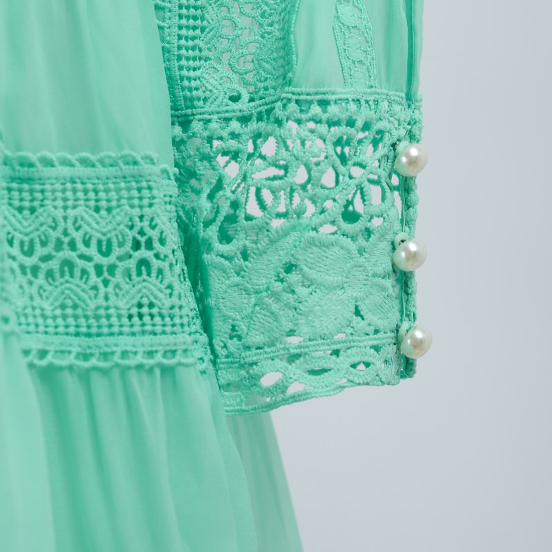 Stitching Lace Long Dress - Hollow Button & Large Swing - Image 7
