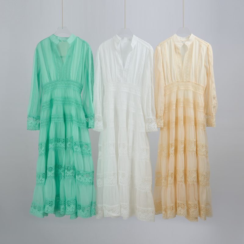 Stitching Lace Long Dress - Hollow Button & Large Swing - Image 10
