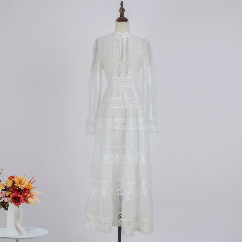 Stitching Lace Long Dress - Hollow Button & Large Swing - Image 12
