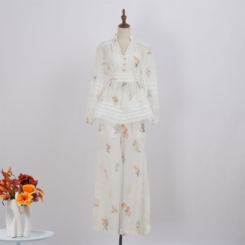 V-Neck Lace Patchwork Doll Coat & Wide Leg Pants Suit