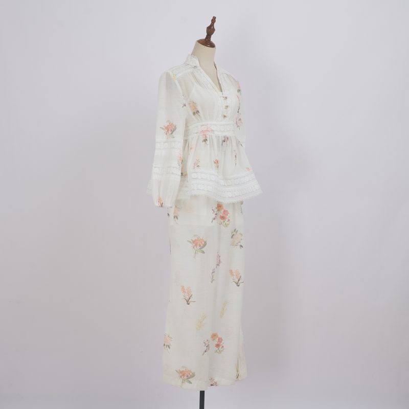 V-Neck Lace Patchwork Doll Coat & Wide Leg Pants Suit - Image 2