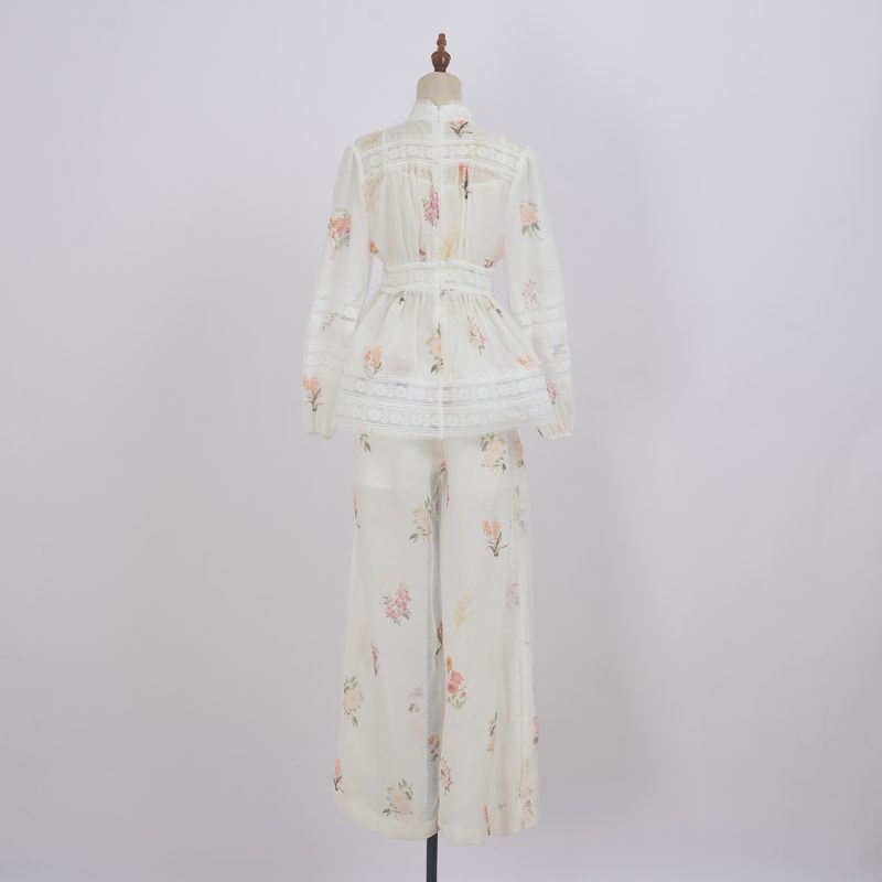 V-Neck Lace Patchwork Doll Coat & Wide Leg Pants Suit - Image 3