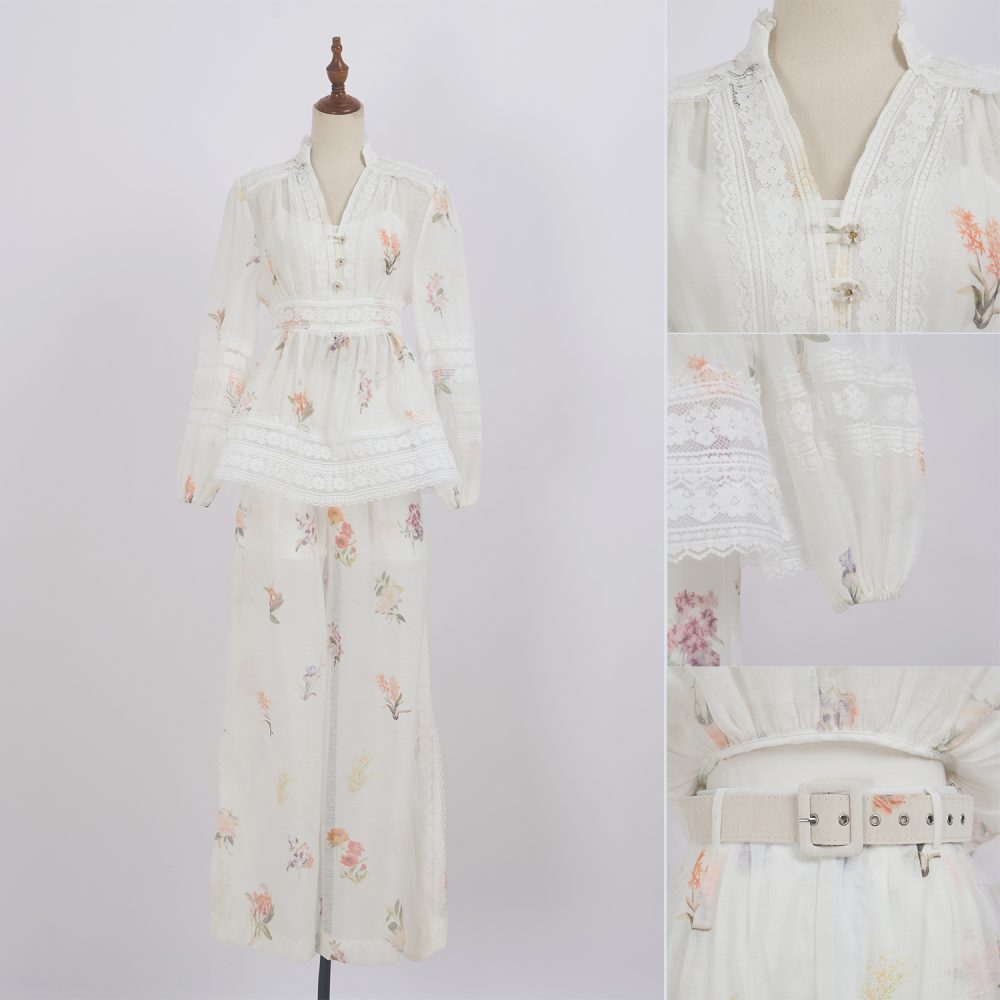 V-Neck Lace Patchwork Doll Coat & Wide Leg Pants Suit - Image 14