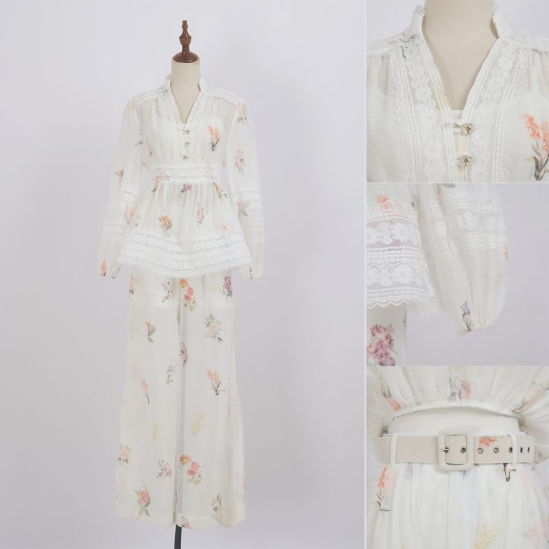 V-Neck Lace Patchwork Doll Coat & Wide Leg Pants Suit - Image 14