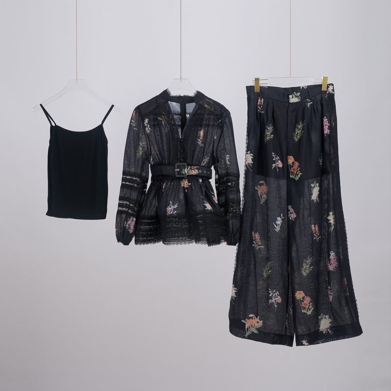 V-Neck Lace Patchwork Doll Coat & Wide Leg Pants Suit - Image 15
