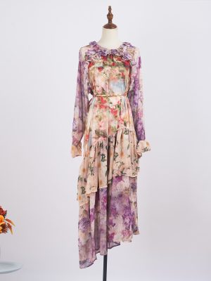 Chiffon Multi-Layer Print Dress – Lace-Up Mid Length, Holiday Style