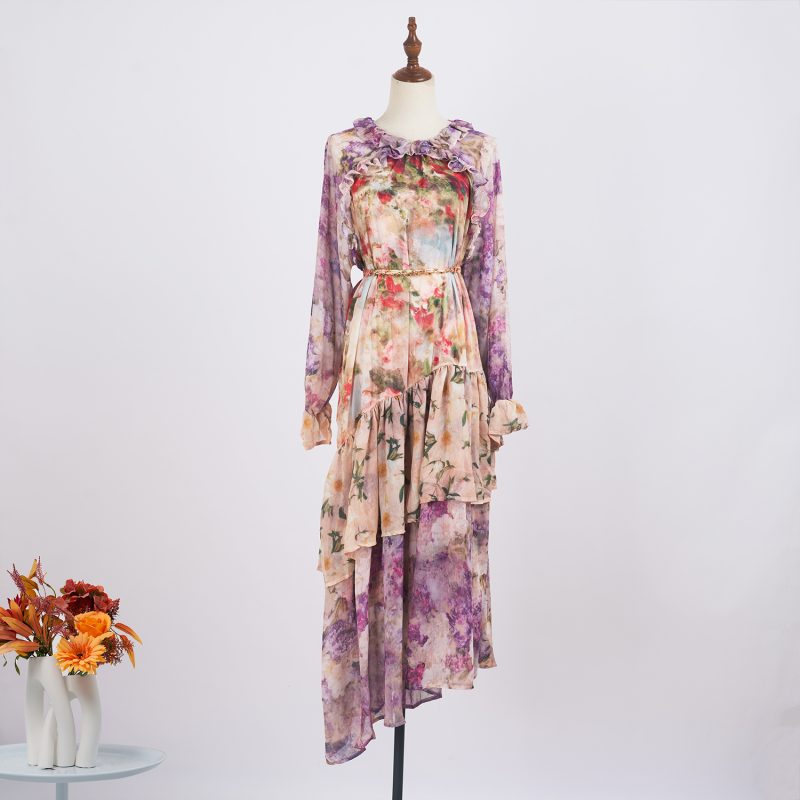 Chiffon Multi-Layer Print Dress - Lace-Up Mid Length, Holiday Style