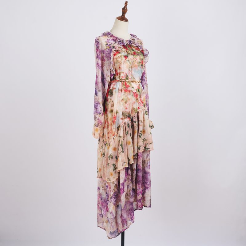 Chiffon Multi-Layer Print Dress - Lace-Up Mid Length, Holiday Style - Image 2