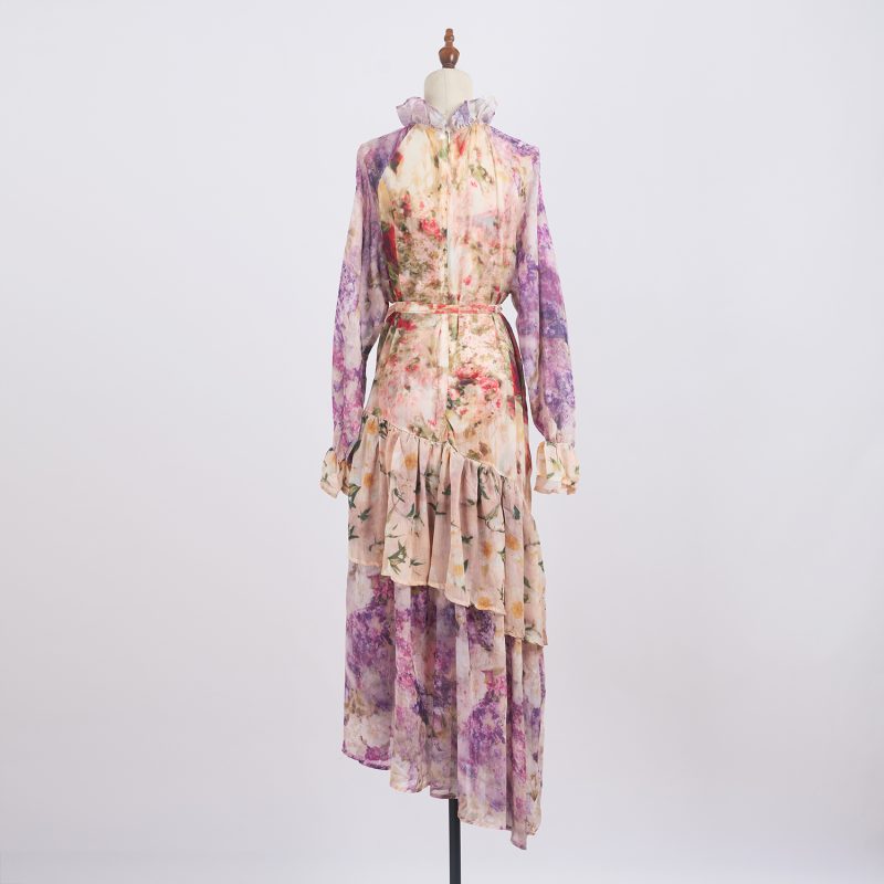 Chiffon Multi-Layer Print Dress - Lace-Up Mid Length, Holiday Style - Image 3