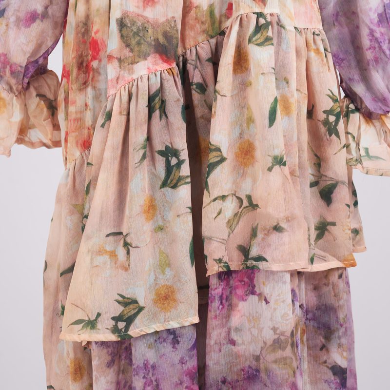 Chiffon Multi-Layer Print Dress - Lace-Up Mid Length, Holiday Style - Image 7
