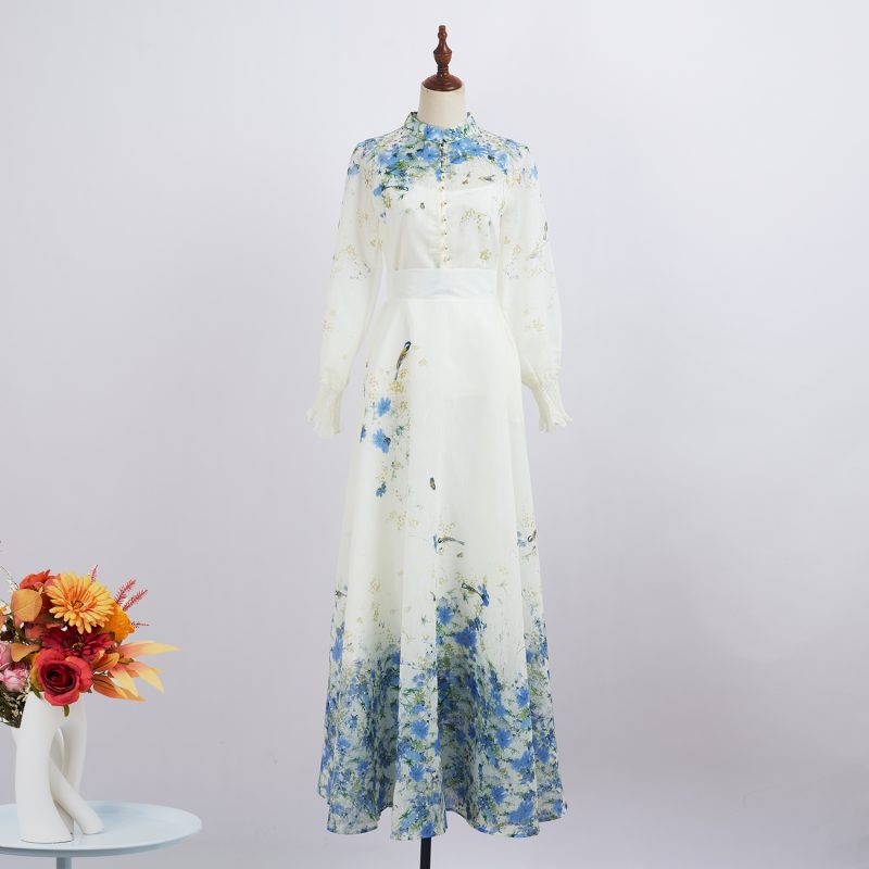 Lantern Long Sleeve Printed Shirt with High Waist Large Swing Long Skirt - Elegant Suit