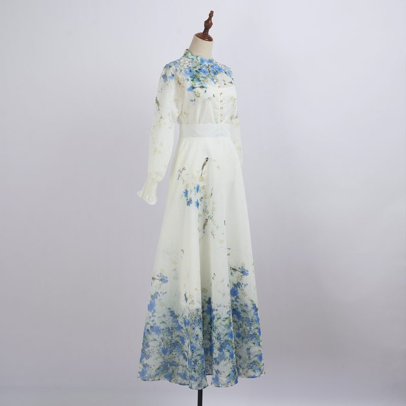 Lantern Long Sleeve Printed Shirt with High Waist Large Swing Long Skirt - Elegant Suit - Image 2
