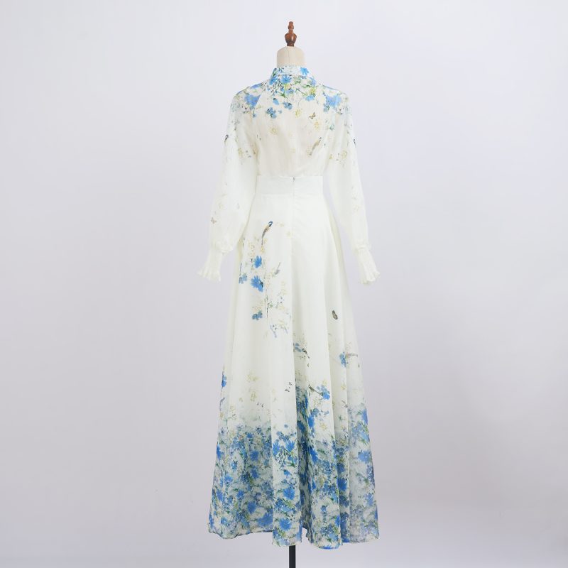 Lantern Long Sleeve Printed Shirt with High Waist Large Swing Long Skirt - Elegant Suit - Image 3