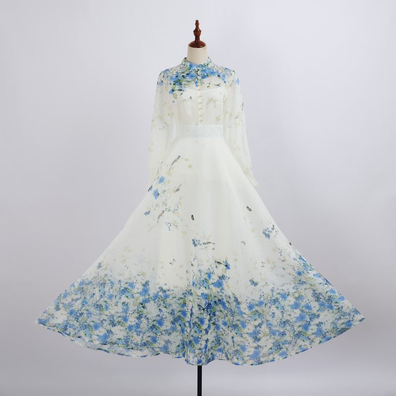 Lantern Long Sleeve Printed Shirt with High Waist Large Swing Long Skirt - Elegant Suit - Image 4