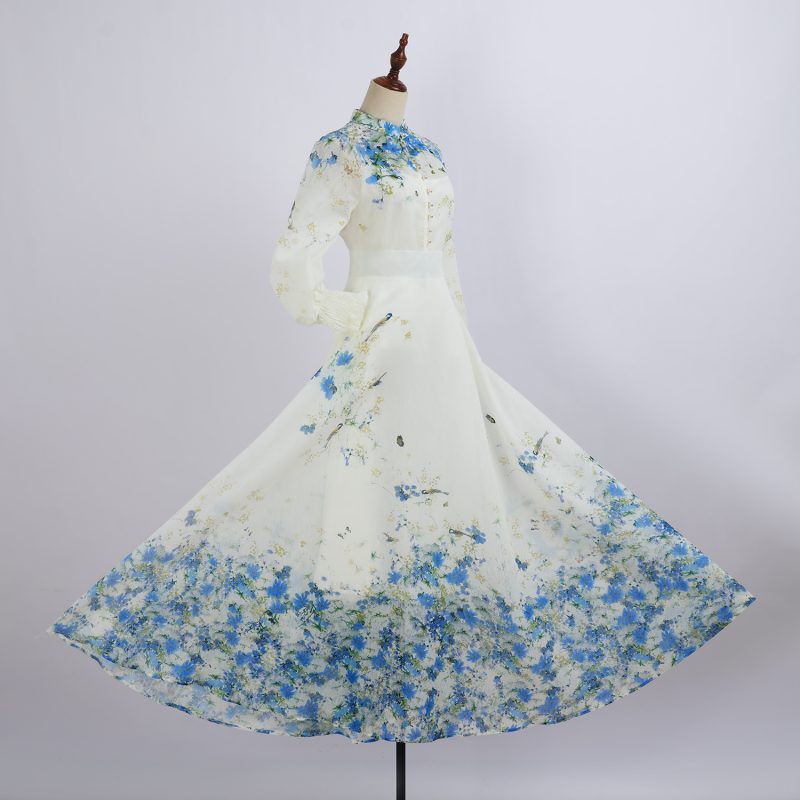 Lantern Long Sleeve Printed Shirt with High Waist Large Swing Long Skirt - Elegant Suit - Image 9