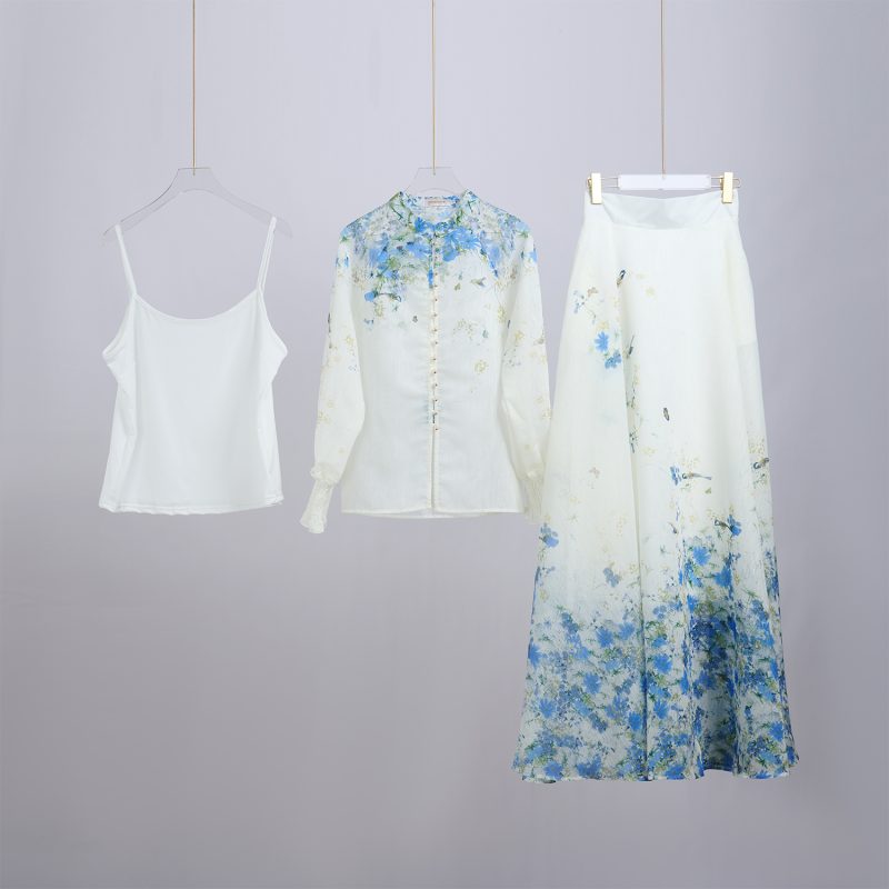 Lantern Long Sleeve Printed Shirt with High Waist Large Swing Long Skirt - Elegant Suit - Image 15