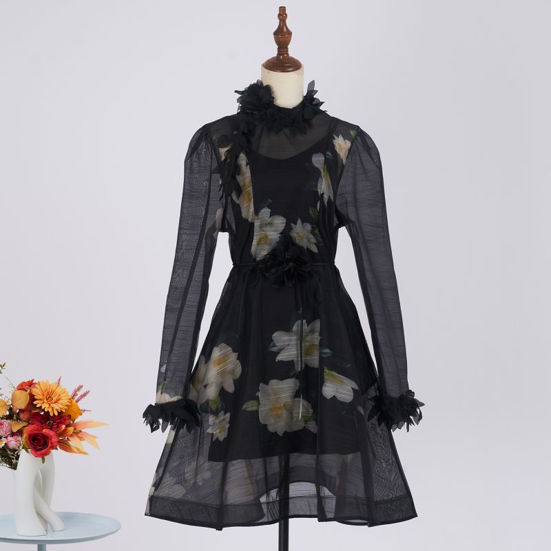 Three-Dimensional Floral Lace-Up Print Dress - Elegant & Sweet