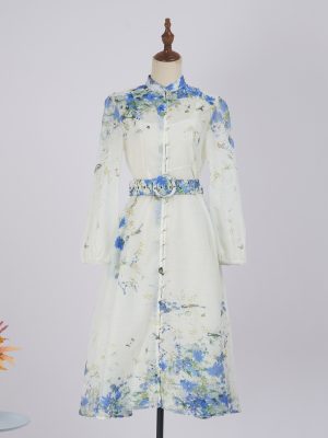 Single-Breasted Stand Collar Lantern Sleeve Printed Dress