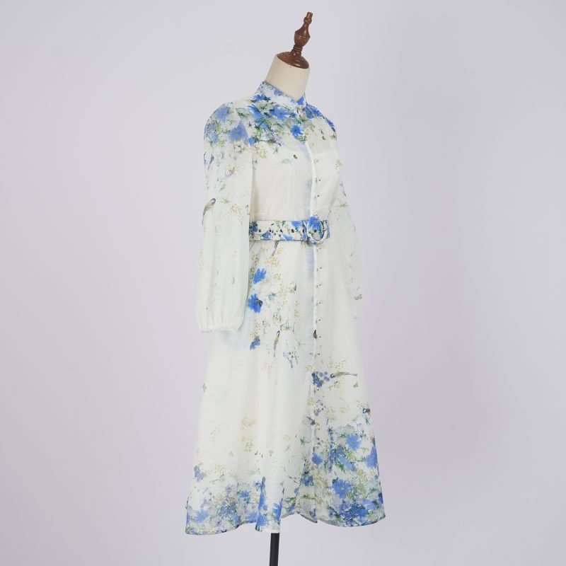 Single-Breasted Stand Collar Lantern Sleeve Printed Dress - Image 2