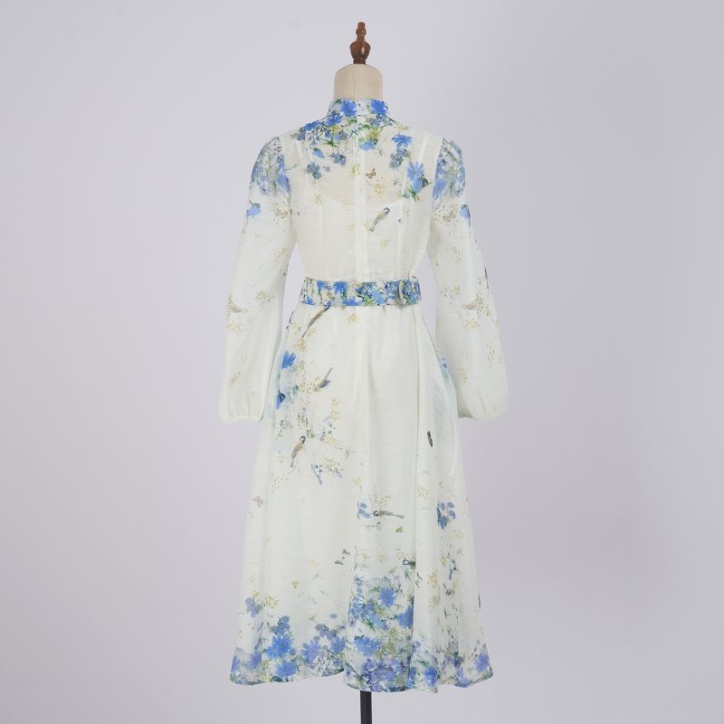 Single-Breasted Stand Collar Lantern Sleeve Printed Dress - Image 3
