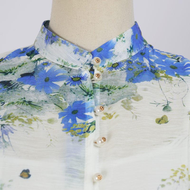 Single-Breasted Stand Collar Lantern Sleeve Printed Dress - Image 4