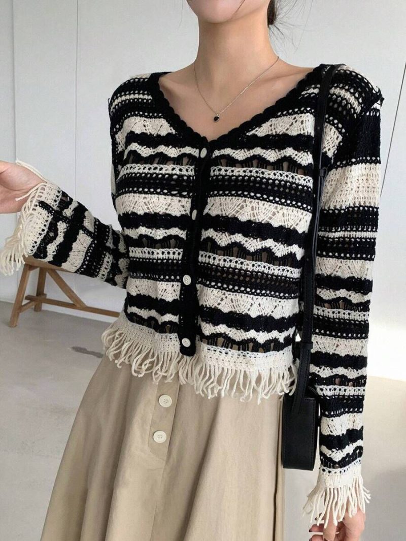 Women’s Spring Button Black and White Short Cardigans - Image 2