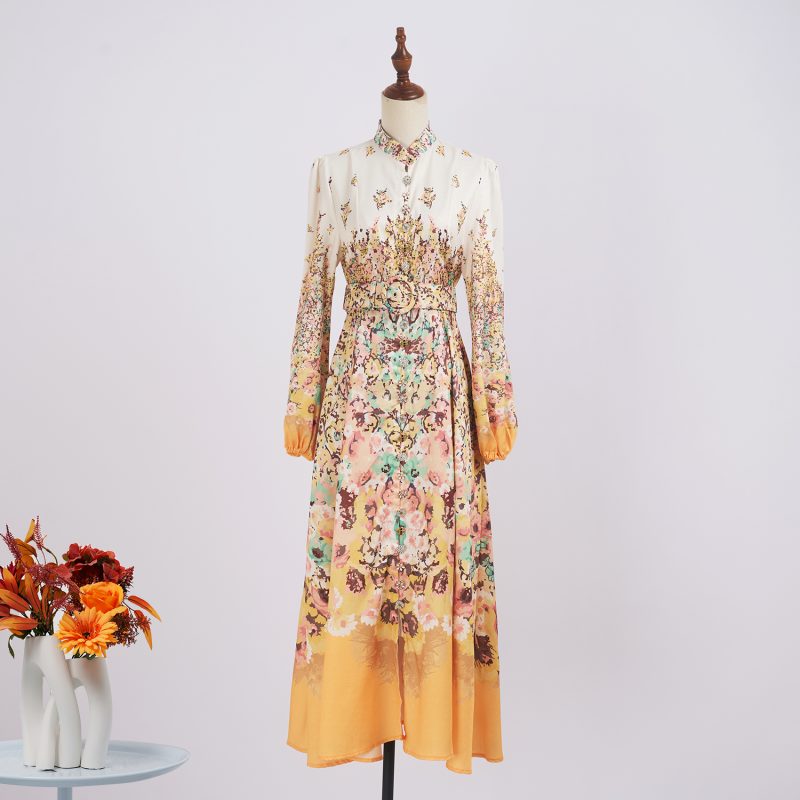Luxury Button Pocket Mid-Length Dress with Belt and Positioning Print