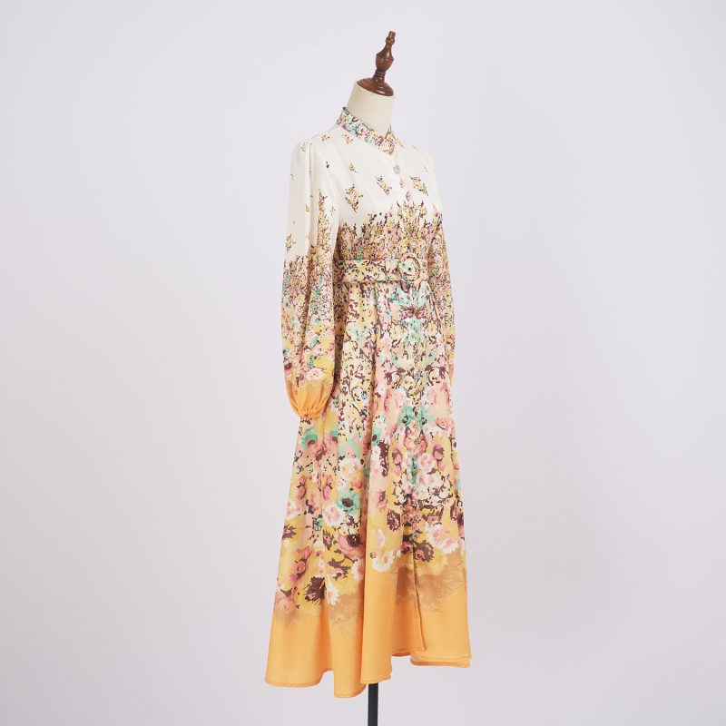 Luxury Button Pocket Mid-Length Dress with Belt and Positioning Print - Image 2