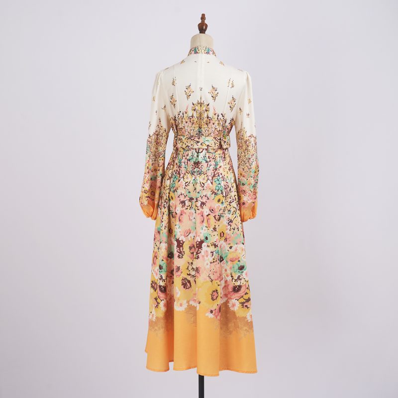 Luxury Button Pocket Mid-Length Dress with Belt and Positioning Print - Image 3
