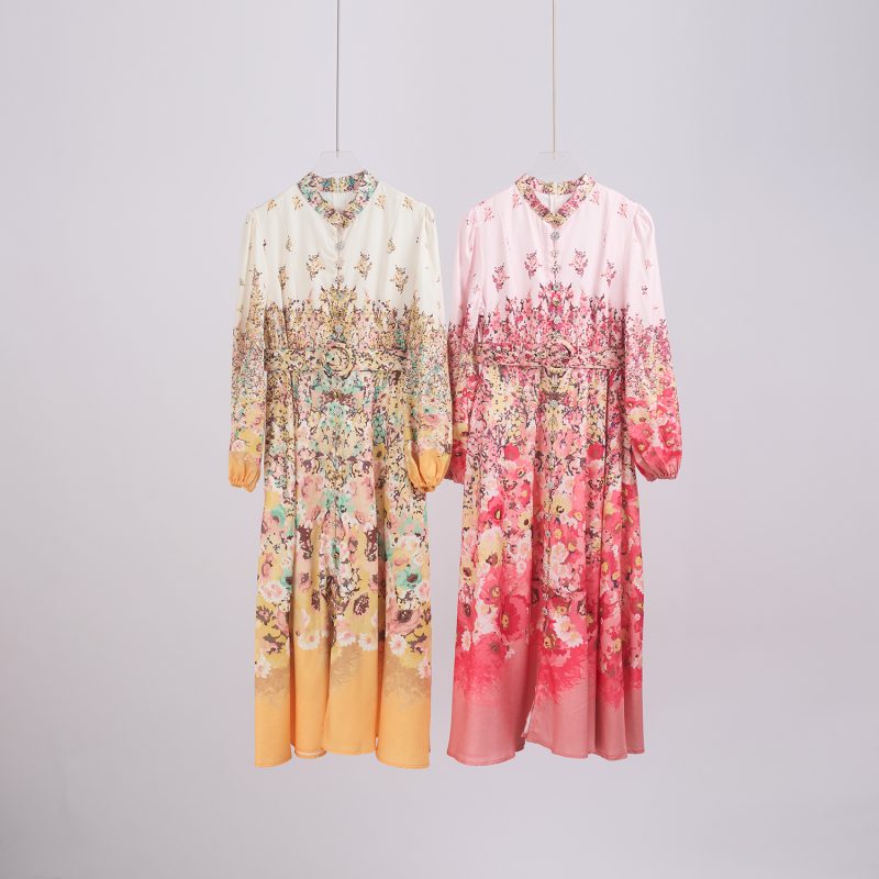 Luxury Button Pocket Mid-Length Dress with Belt and Positioning Print - Image 4