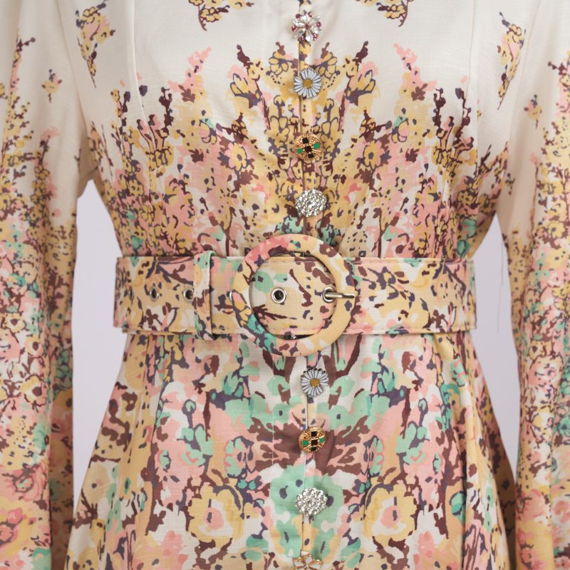 Luxury Button Pocket Mid-Length Dress with Belt and Positioning Print - Image 6