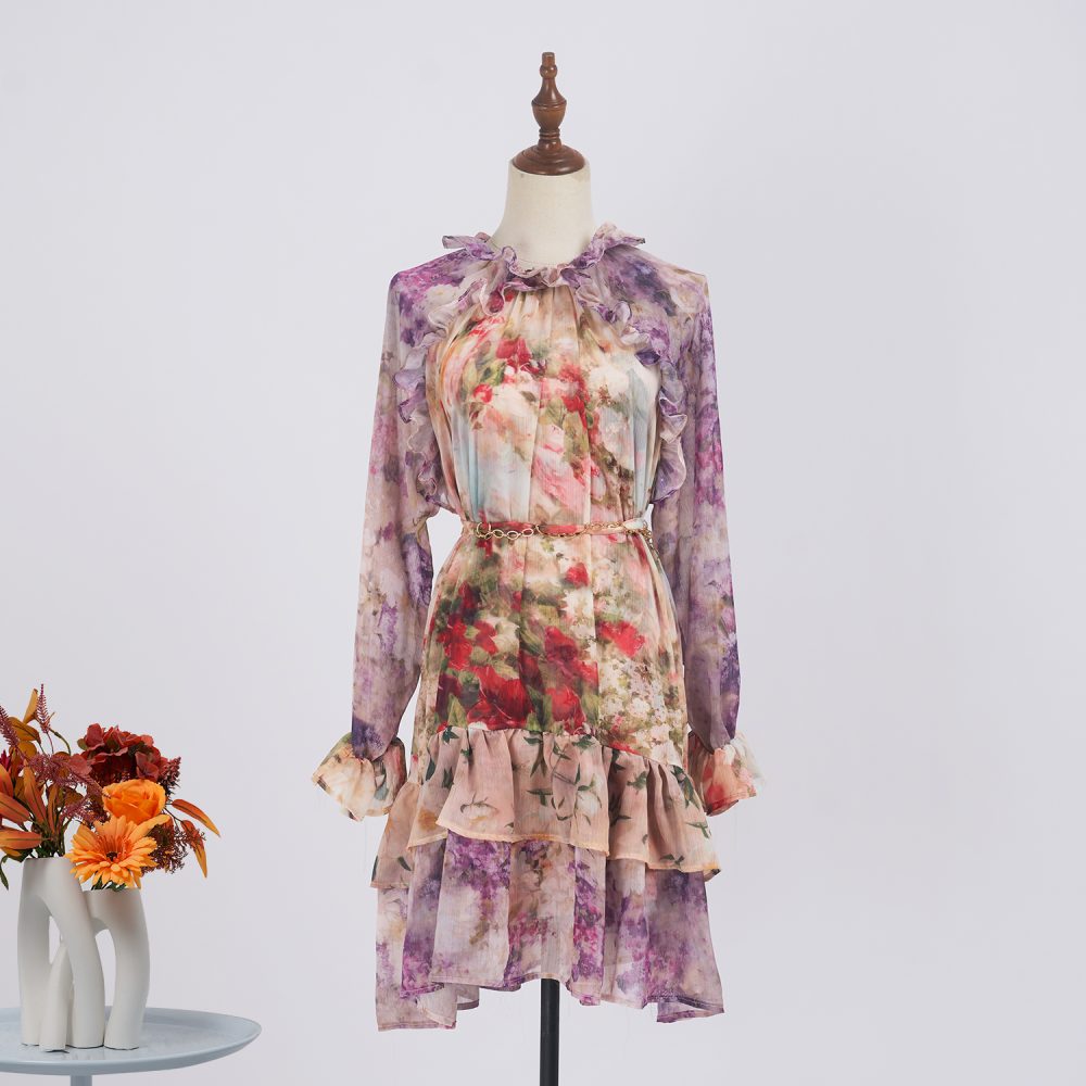 Ruffled Floral Silk Dress - Long Sleeved, Tight Waist