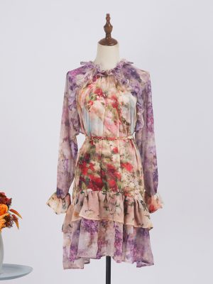 Ruffled Floral Silk Dress – Long Sleeved, Tight Waist