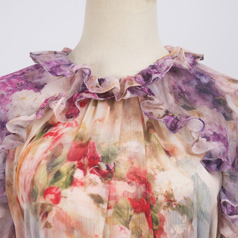 Ruffled Floral Silk Dress - Long Sleeved, Tight Waist - Image 2