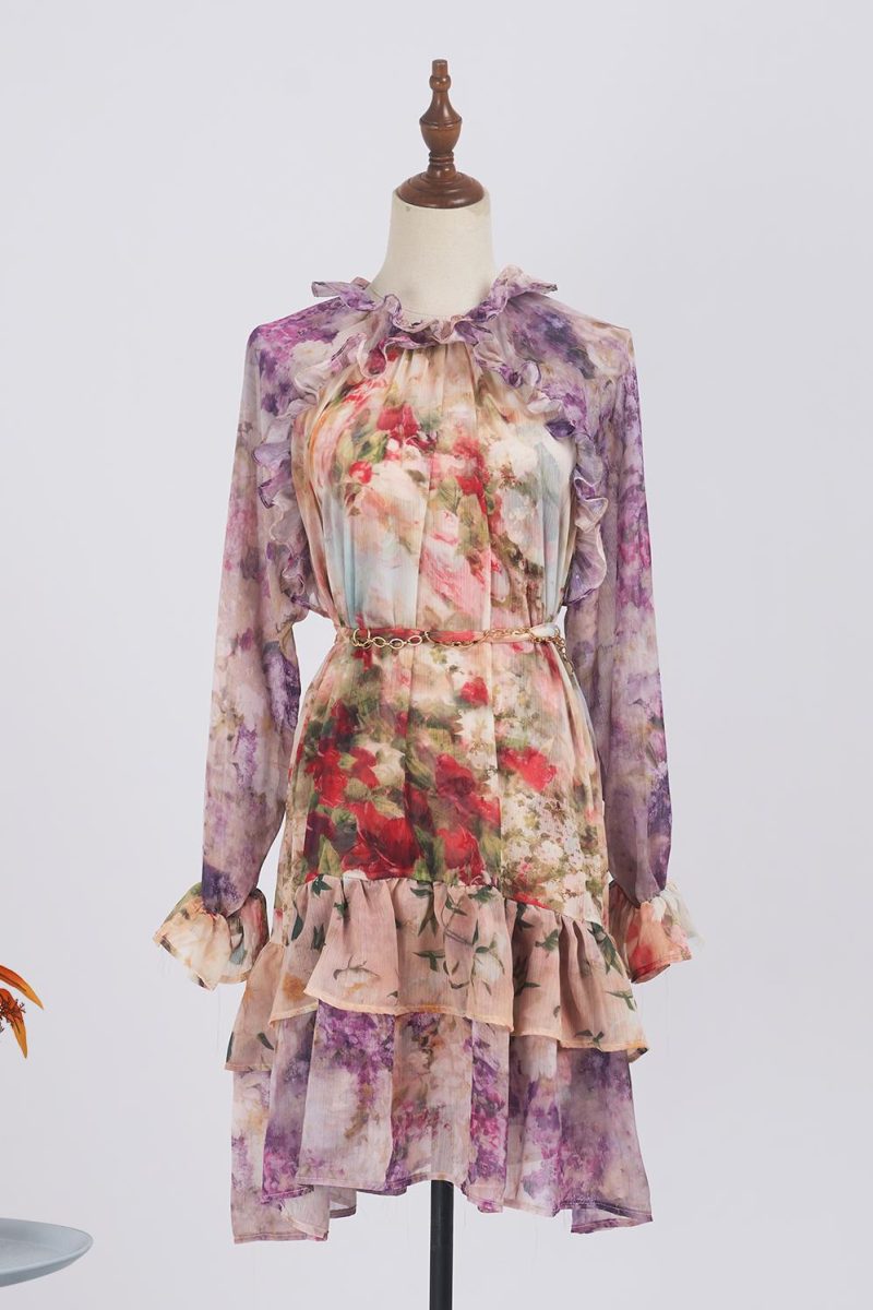 Ruffled Floral Silk Dress - Long Sleeved, Tight Waist - Image 3