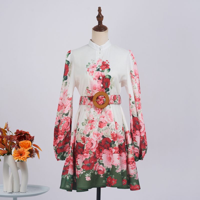 Waist Slimming Elegant Fashion Printed Long Sleeve Short Dress