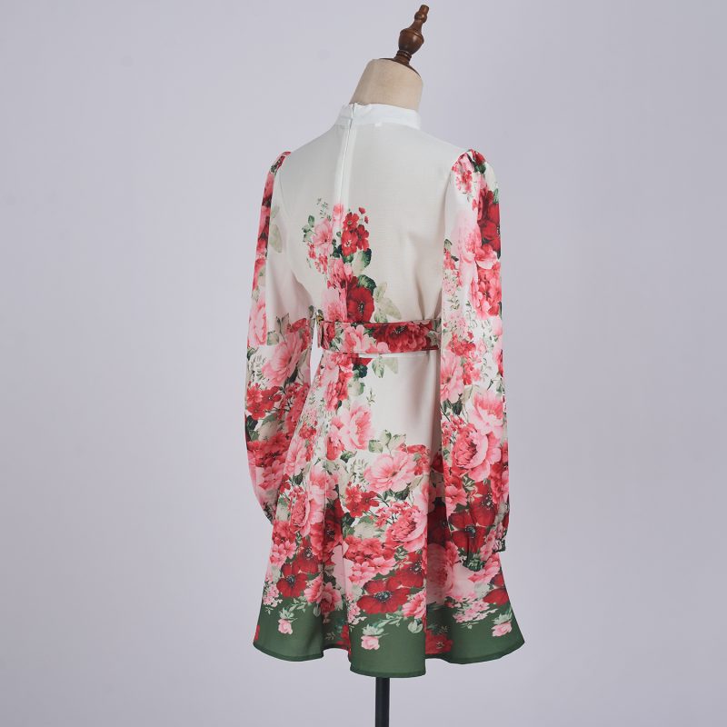 Waist Slimming Elegant Fashion Printed Long Sleeve Short Dress - Image 3