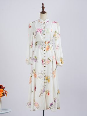 Spring Floral Long Sleeve Single-Breasted Dress with Belt