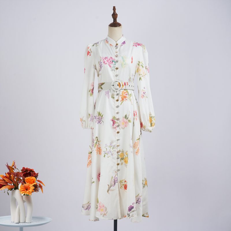 Spring Floral Long Sleeve Single-Breasted Dress with Belt