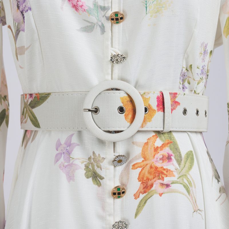 Spring Floral Long Sleeve Single-Breasted Dress with Belt - Image 5