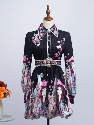 Women’s Spring Long Sleeve Floral Single Breasted Dress