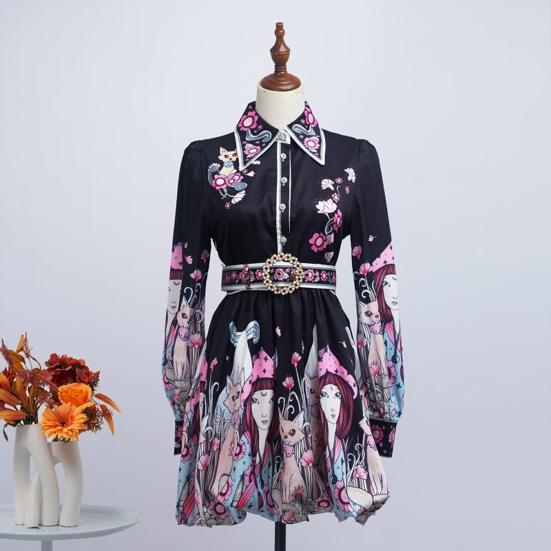 Women’s Spring Long Sleeve Floral Single Breasted Dress
