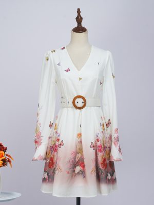 Spring Floral Long Sleeve Single-Breasted Dress