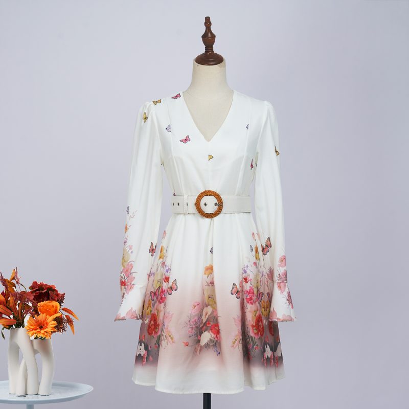 Spring Floral Long Sleeve Single-Breasted Dress