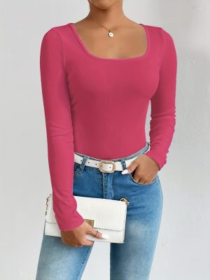 Sexy Boat Neck Ribbed Long Sleeve Top for Women